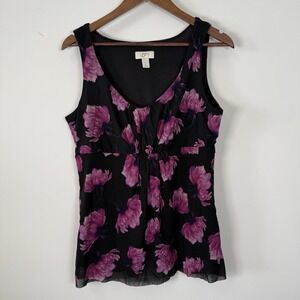 Loft Tank Sleeveless Mesh Floral Purple Black Women's Large Lined Career